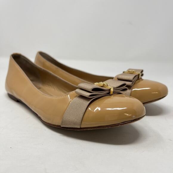 Tory Burch Trudy Flat Tan Patent Leather 7.5 Ballet Bow Logo Classic Neutral - Picture 2 of 16